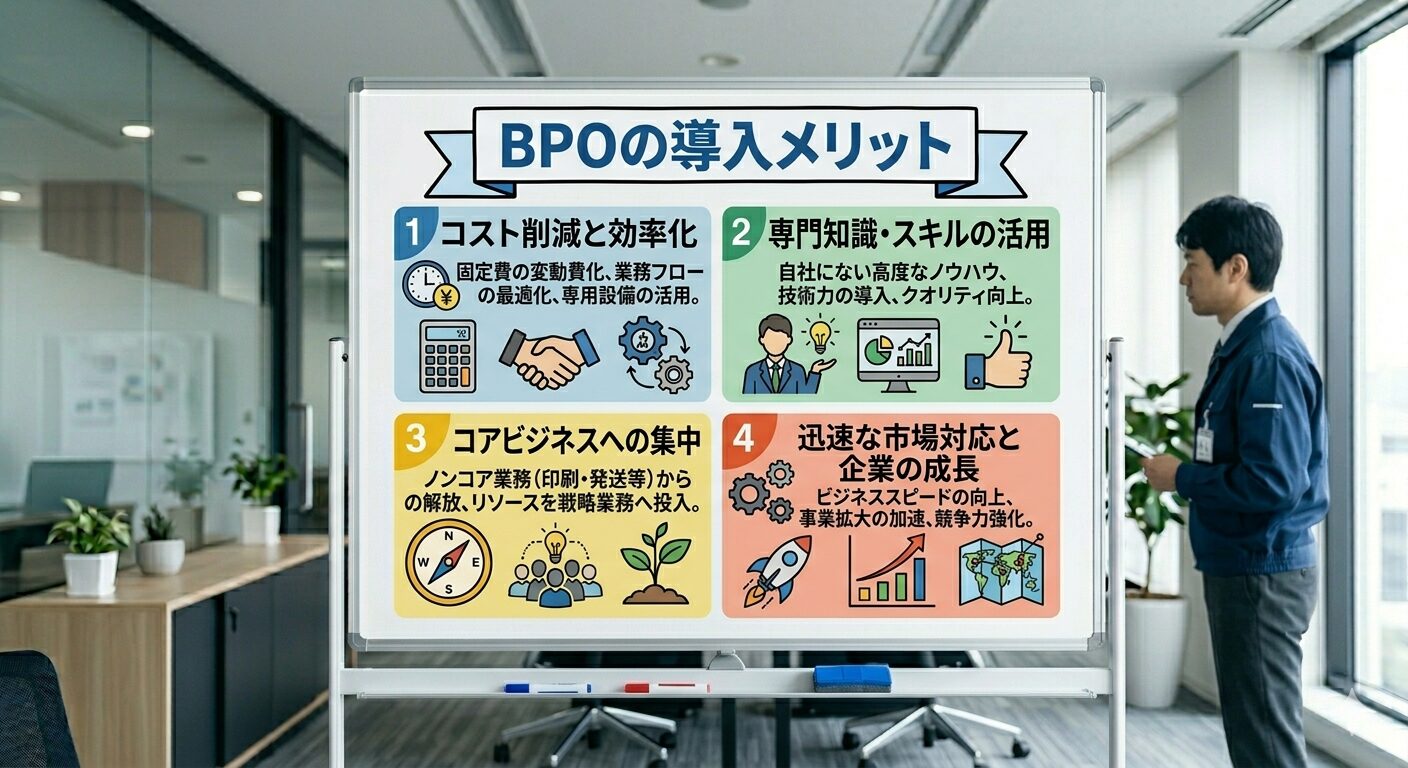 プリントBPO（外部委託）がもたらす4つの戦略的メリットのイメージ画像