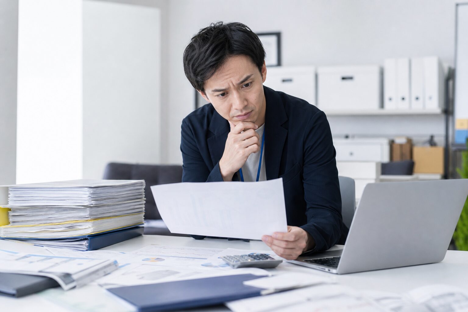 書類を見ながら悩んでいるイメージ画像