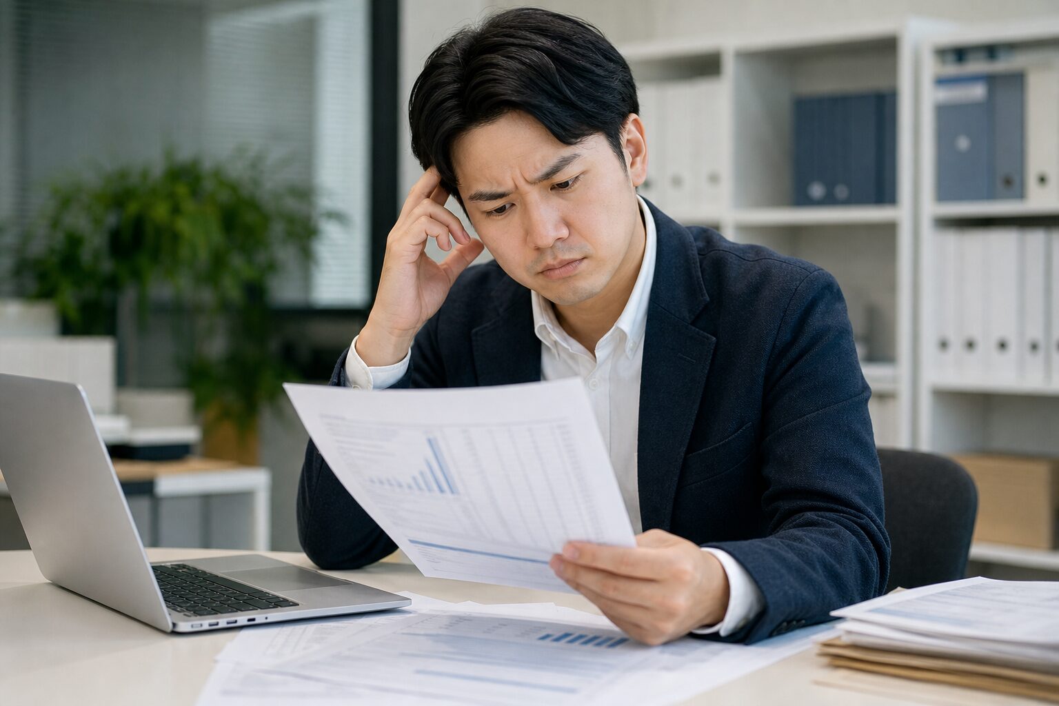 資料を見て悩んでいるイメージ画像