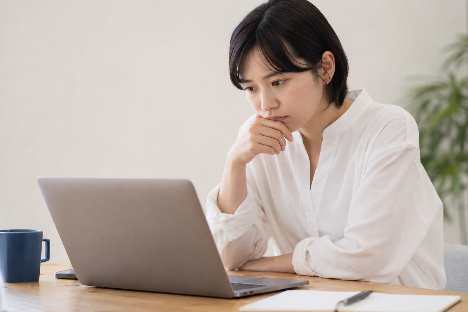 パソコンを見ながら悩んでいるイメージ画像