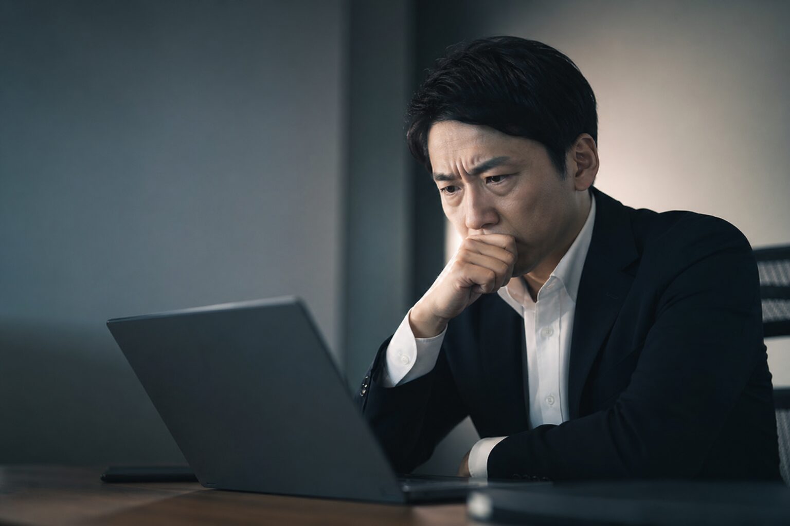パソコンを見ながら悩んでいるイメージ画像