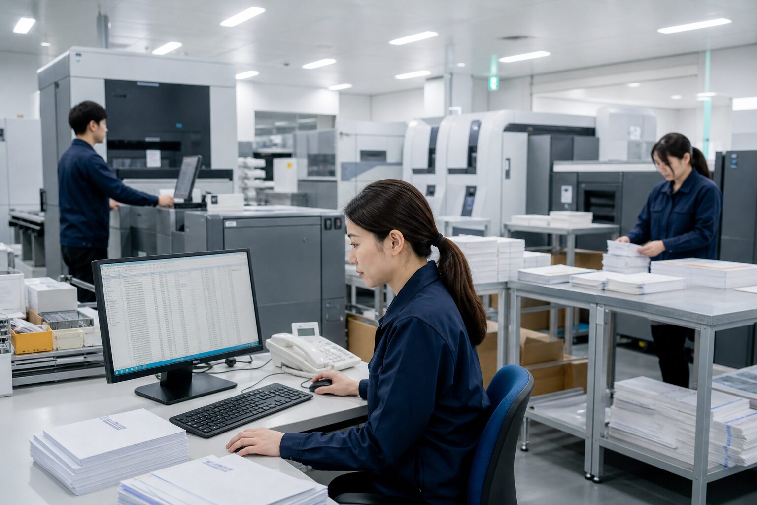 社内でパソコンを使用して検査チェックをしているイメージ画像