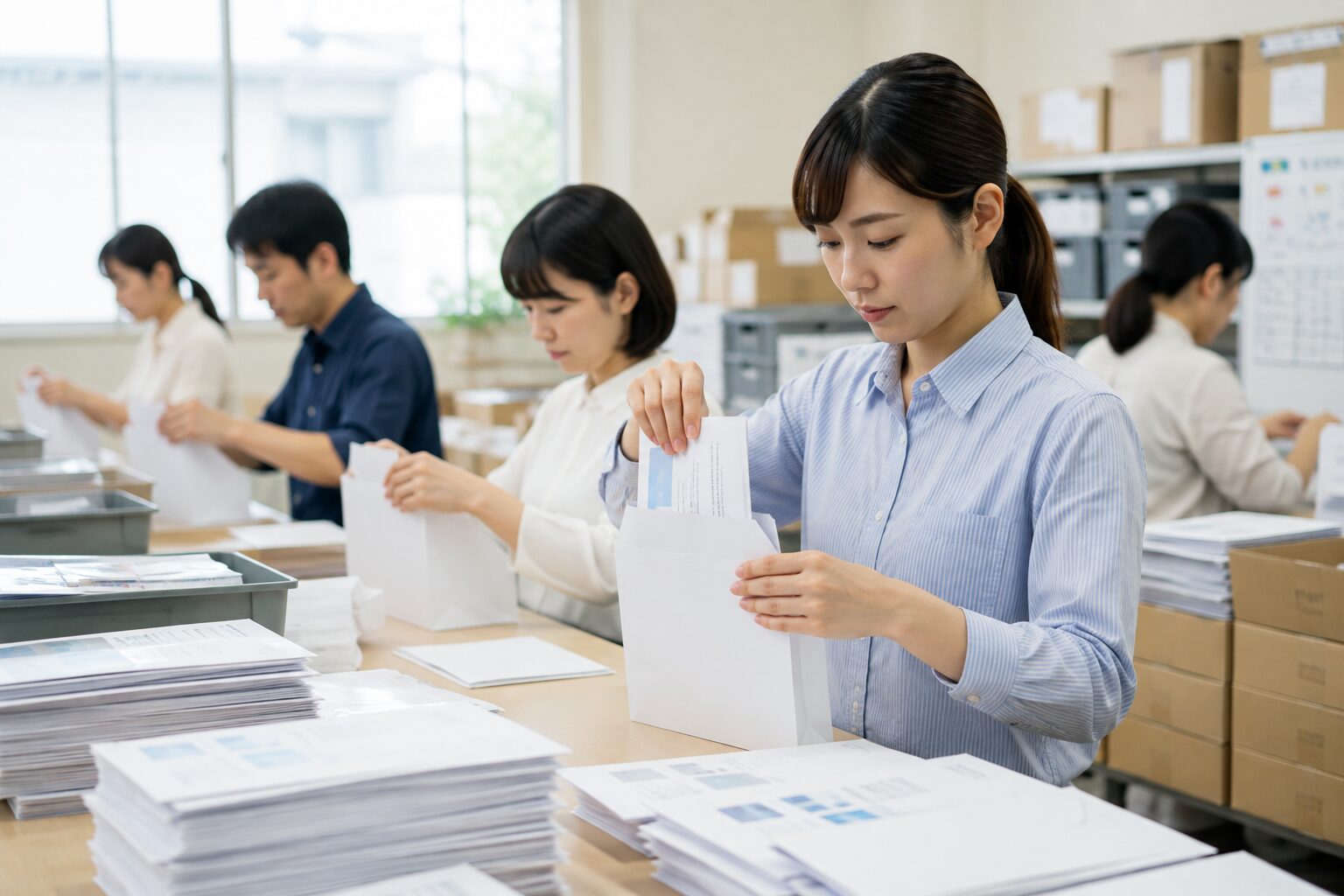みんなで封入封緘している作業風景イメージ画像