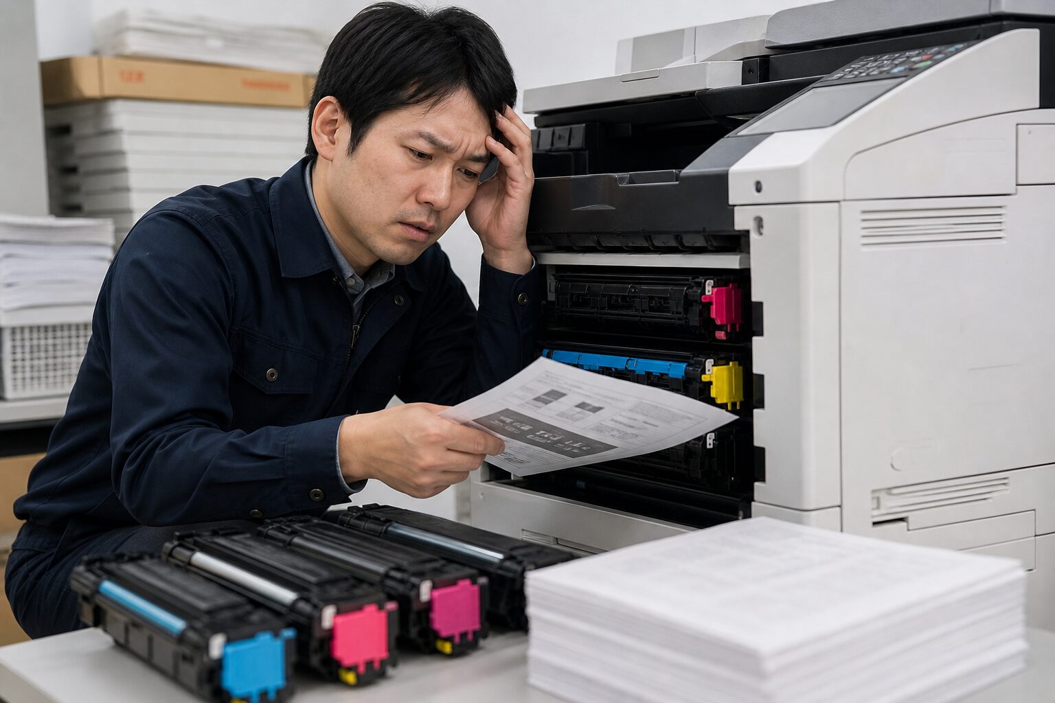社内での出力にコストがかかって悩んでいるイメージ画像