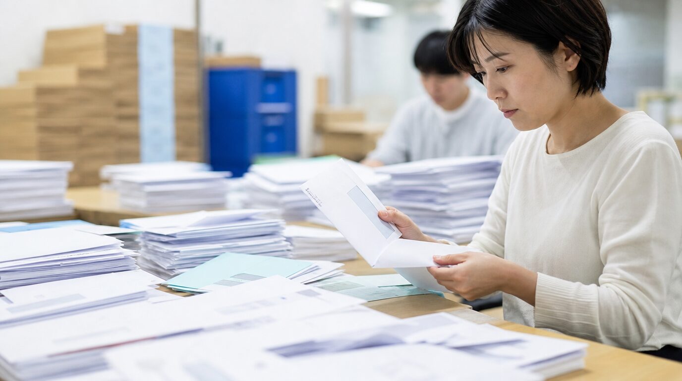 書類がちらばった机で封入しているイメージ画像