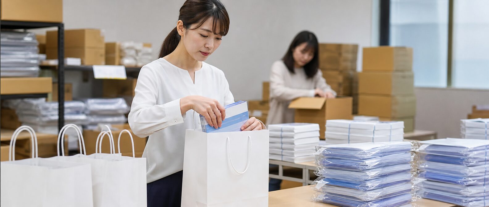紙袋に展示会用資料を詰めている作業風景イメージ画像