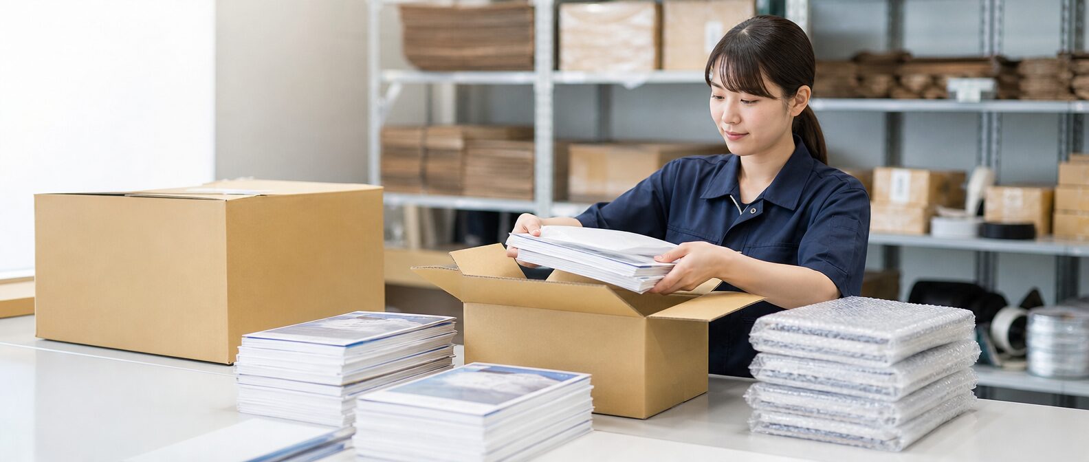 展示会資料を箱詰めしているイメージ画像
