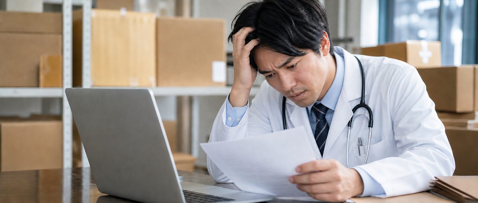 白衣を着た医者が悩んでいるイメージ画像